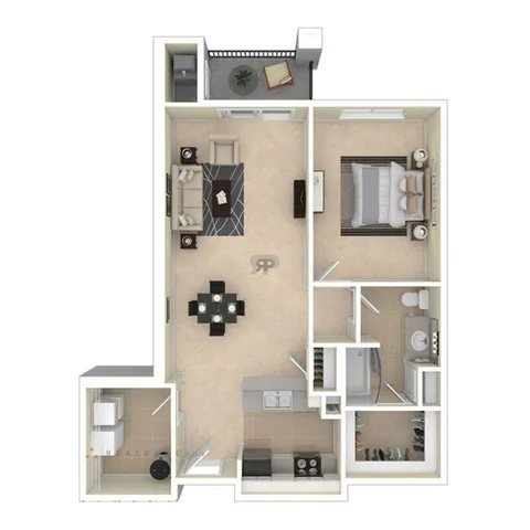 Contemporary floor plan featuring one bedroom, an elegant living room with balcony access, and a modern kitchen and dining area.