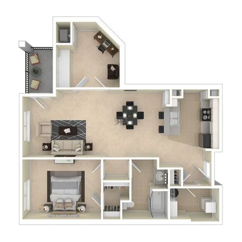 Inviting 2D floor plan showcasing a spacious layout with one bedroom, an open-concept living and dining area, modern kitchen, and a cozy study room leading to a balcony.