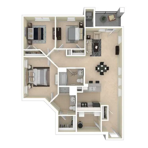 Modern 3D floor plan showcasing three bedrooms, an expansive open living and dining area, and a stylish kitchen with a breakfast bar.