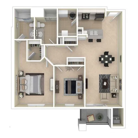 Elegant 2D floor plan showcasing a spacious 1-bedroom layout with an open-concept kitchen and dining area, comfortable living room, and modern bathroom, ideal for stylish urban living.