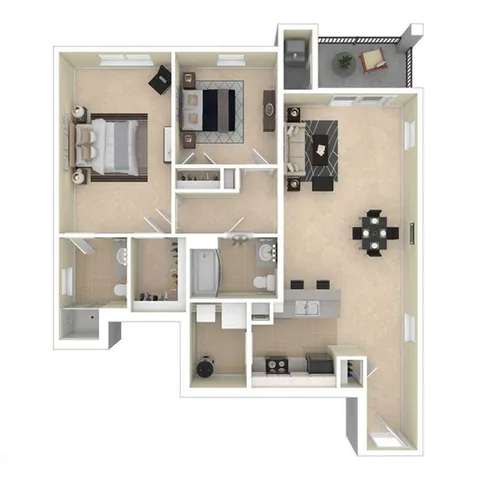 Modern 2D floor plan showcasing a spacious layout with a luxurious bedroom, cozy living room, stylish dining area, and contemporary kitchen.