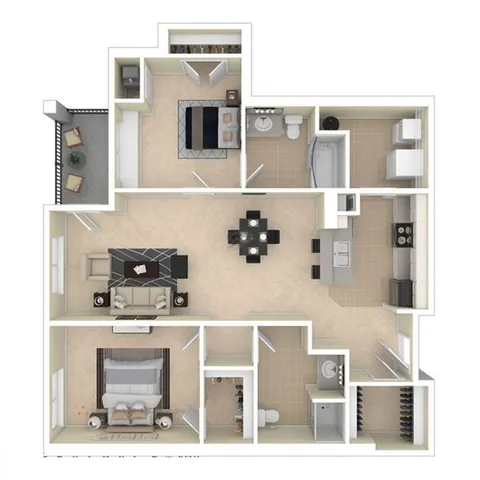 Modern 3D floor plan boasting 2 bedrooms, a spacious living area, sleek kitchen, and a private balcony, offering a perfect blend of comfort and style.