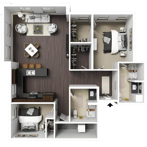 Modern 3D floor plan featuring two bedrooms, open-concept living and dining area, and a contemporary kitchen layout.