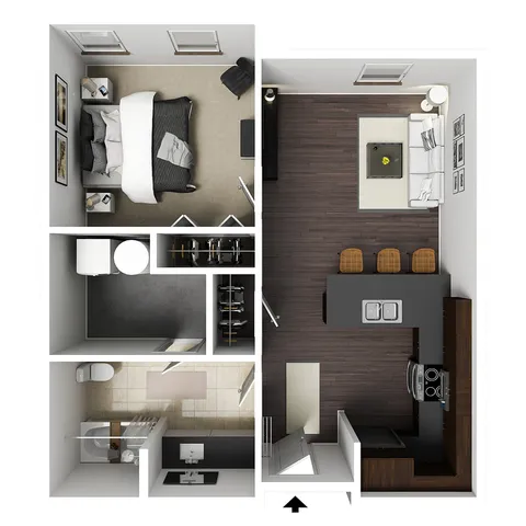 Modern floor plan showcasing a spacious one-bedroom apartment with a cozy living area, chic kitchen with bar seating, and a sleek bathroom layout.