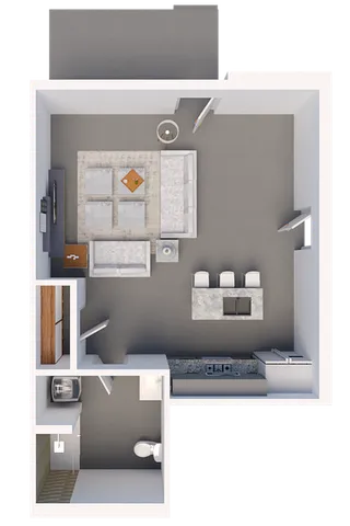 Modern open-concept floor plan featuring a cozy living area, sleek kitchen with island seating, and a compact bathroom.