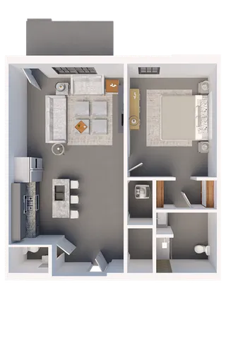 Contemporary 3D floor plan showcasing a spacious 1-bedroom apartment with an open living area and modern kitchen.
