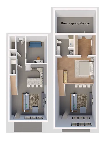 Modern two-story apartment floor plan featuring a spacious living room, sleek kitchen with island, cozy bedroom, and bonus storage space.