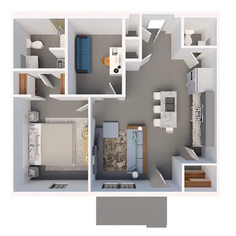Modern apartment floor plan featuring a spacious bedroom, contemporary kitchen with island, cozy living area, and two bathrooms.