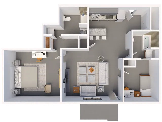Modern apartment floor plan featuring a spacious bedroom, open living area, sleek kitchen with island, and a well-appointed bathroom.