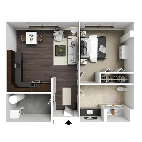 Modern 1-bedroom apartment floor plan showcasing a cozy living area, compact kitchen, and a sleek bathroom design.