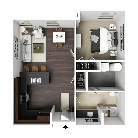 Modern 2D floor plan featuring a cozy one-bedroom apartment with an open-concept kitchen and living area, ample storage, and a stylish bathroom.