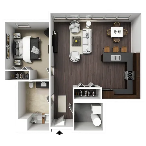 Modern open-plan apartment layout featuring one bedroom, spacious kitchen with island seating, cozy living area, and bathroom. Stylish design with dark wood flooring and ample storage.