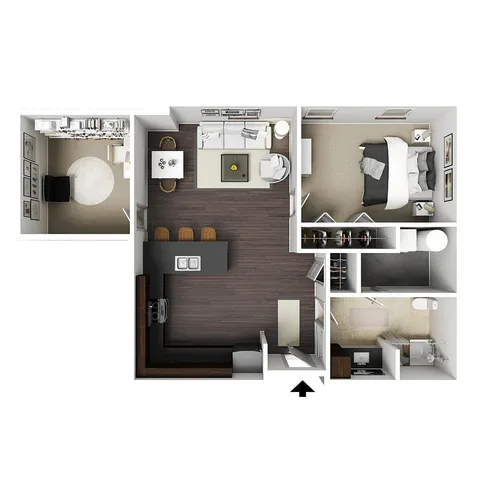 Modern 2D floor plan depicting a cozy one-bedroom apartment with a stylish open-concept living room and kitchen, featuring high-end finishes and a private study room.