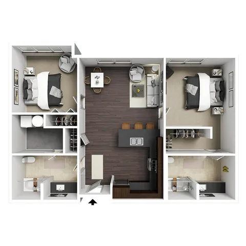 Modern 3D floor plan depicting two spacious bedrooms, each with attached bathroom, an open kitchen with island seating, and a cozy living area with chic furnishings.