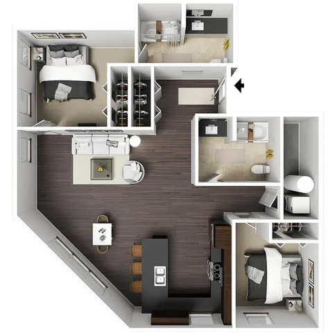 Contemporary 3D floor plan featuring two bedrooms, an open-concept living room with stylish hardwood flooring, and a modern kitchen with a breakfast bar.