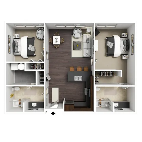Modern 2D floor plan showcasing a sleek open kitchen, cozy living and dining area, and two spacious bedrooms, each with en-suite bathrooms.