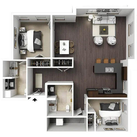 Modern 3D floor plan featuring two spacious bedrooms, elegant living area, open-concept kitchen with island, and luxurious bathroom. Ideal for contemporary living.