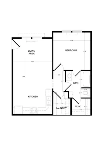 Modern floor plan showcasing a spacious 1-bedroom apartment with an open-concept living area and kitchen, including a laundry room and walk-in closet.