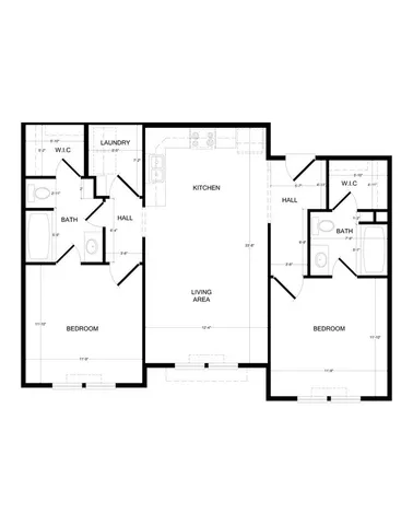 Modern floor plan displaying two spacious bedrooms, two bathrooms, a generous open living area, and a functional kitchen with laundry space.