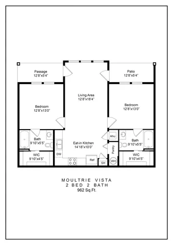 Modern floor plan of Moultrie Vista featuring 2 bedrooms, 2 baths, a spacious living area, eat-in kitchen, and patio, encompassing 962 sq ft.