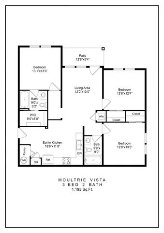 Moultrie Vista floor plan showcasing 3 spacious bedrooms, 2 modern baths, an inviting eat-in kitchen, and a cozy living area with patio, totaling 1,193 sq. ft.