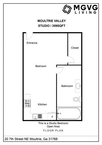 Modern Moultrie Valley studio floor plan featuring a cozy bedroom with a closet, efficient kitchen, and well-appointed bathroom, all within 359 square feet. Located at 20 7th Street NE, Moultrie, GA 31768.