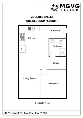 Moultrie Valley floor plan showcasing a chic one-bedroom apartment with 664 sq ft, featuring a modern kitchen, cozy living room, and convenient bathroom layout.