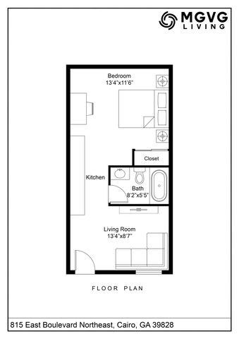 Modern floor plan showcasing a cozy 1-bedroom layout with a well-equipped kitchen, compact bathroom, and inviting living room at 815 East Boulevard Northeast, Cairo, GA.