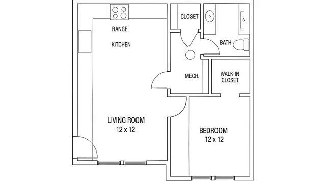 Modern floor plan featuring a spacious 1-bedroom layout with an integrated kitchen and living room area, walk-in closet, and full bath.