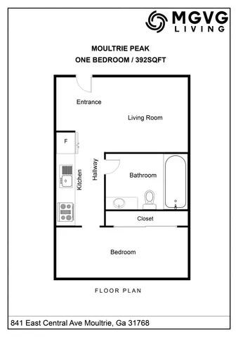 Explore Moultrie Peak\'s efficient 1-bedroom floor plan with a cozy living room, fully-equipped kitchen, and modern bathroom, spanning 392 sq ft.