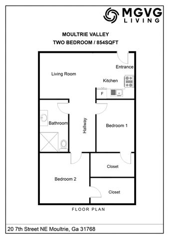Moultrie Valley 2-bedroom apartment floor plan, 854 sq ft, featuring a cozy living room, modern kitchen, and ample closet space.