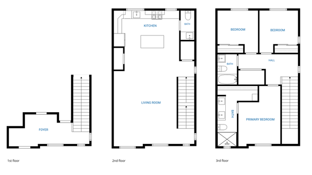 Modern three-level floor plan showcasing a welcoming foyer, open-concept kitchen and living room on the second floor, and three spacious bedrooms with bathrooms on the third floor.