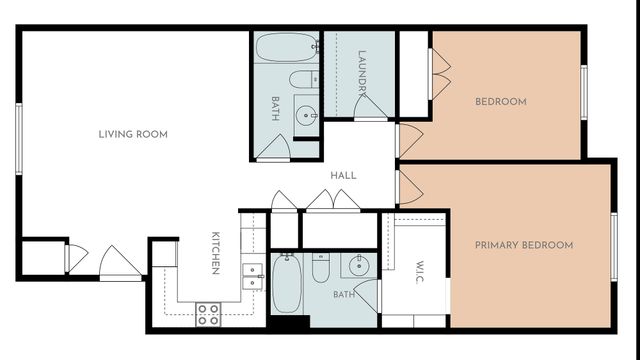 Modern floor plan featuring two spacious bedrooms, an open-concept living room, and a well-equipped kitchen, perfect for contemporary living.