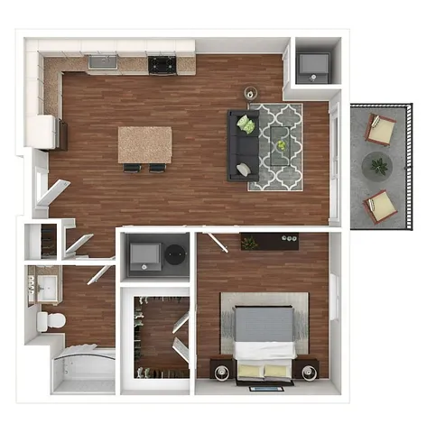Charming 1-bedroom floor plan featuring an open kitchen, cozy living area, sleek bathroom, and a private balcony with stylish furnishings.