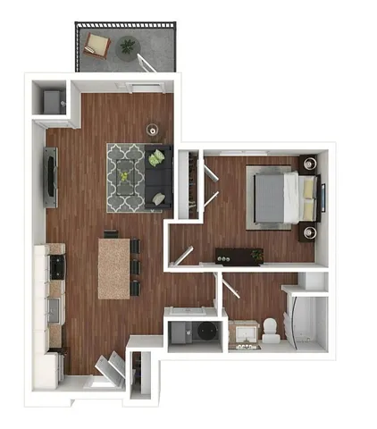 Chic apartment floor plan showcasing 1 bedroom, modern kitchen, inviting living area, and cozy balcony.