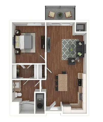 Modern floor plan showcasing a spacious bedroom, open-concept living and kitchen area, elegant bathroom, and cozy balcony with seating.