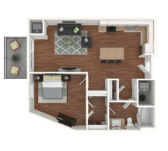 Modern 1-bedroom apartment floor plan with open-concept kitchen, cozy living area, stylish bathroom, and inviting balcony space.