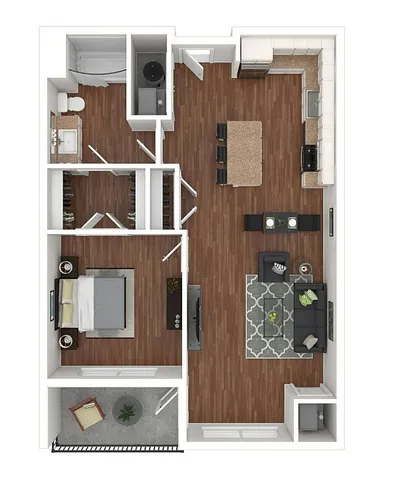 Modern 2D floor plan showcasing 1 bedroom with balcony, spacious open-concept living area, and sleek kitchen with island.