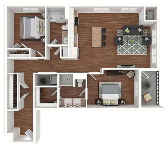 Contemporary 2D apartment floor plan showcasing two spacious bedrooms, open-concept living and dining area, and a modern kitchen.