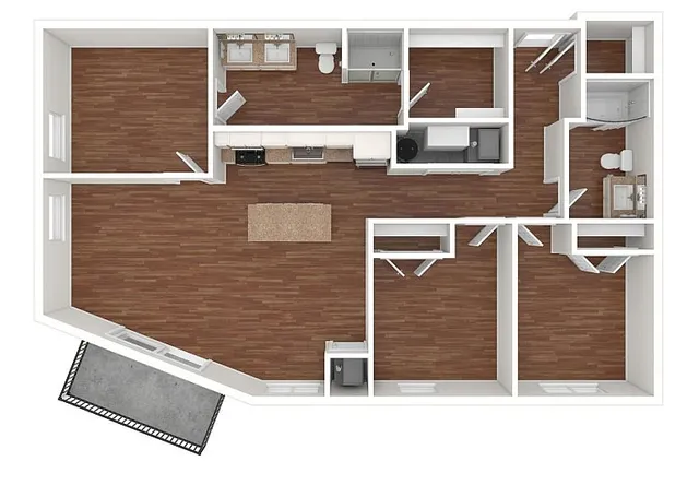 Modern 3D floor plan showcasing 3 bedrooms, an expansive open living area, premium kitchen, and two luxury bathrooms with elegant hardwood flooring throughout.