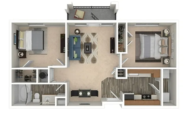 Modern floor plan showcasing 2 spacious bedrooms, an elegant bathroom, a cozy living room, and a contemporary kitchen with an open dining area.