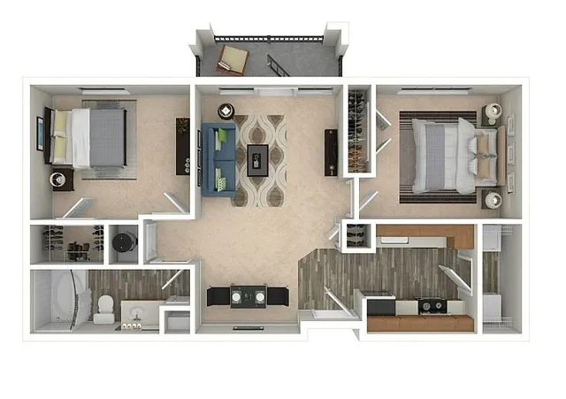 Modern 2D floor plan showcasing 2 bedrooms, a cozy living area, stylish kitchen, and private balcony.