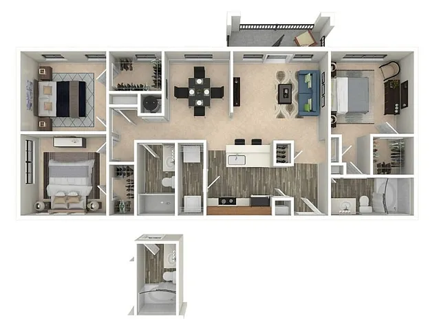 Modern 3D floor plan highlighting 3 spacious bedrooms, an elegant open-concept kitchen with bar seating, and a cozy living area with balcony access.