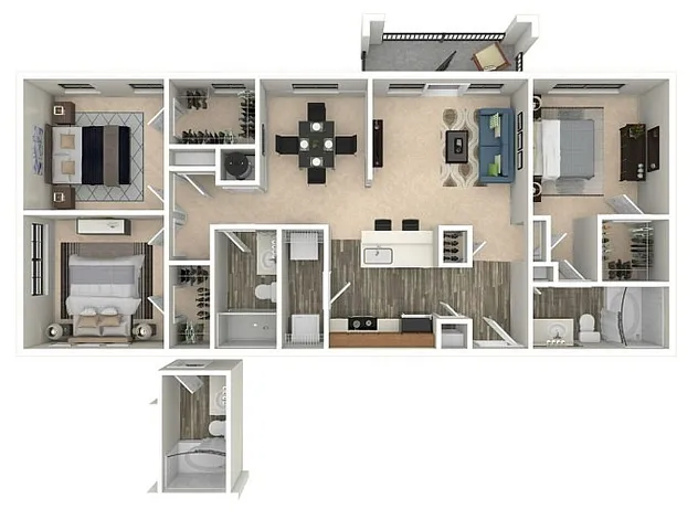 Contemporary 3D floor plan showcasing 3 bedrooms, open-concept living area, modern kitchen with breakfast bar, and two stylish bathrooms.