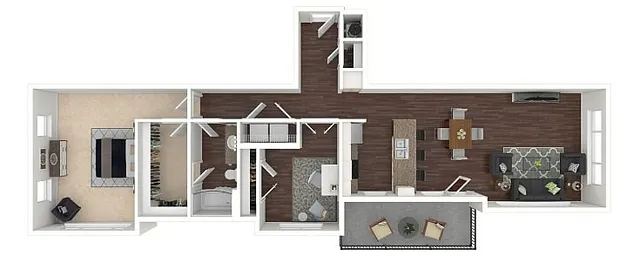 Contemporary 3D floor plan showcasing 3 bedrooms, a modern kitchen with island, spacious living and dining areas, and a comfortable balcony for outdoor relaxation.