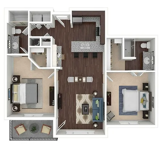 Modern 2D floor plan showcasing 2 spacious bedrooms, open-concept kitchen with island, stylish living area, and private balcony seating.