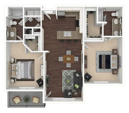 Modern 2D floor plan showcasing 2 bedrooms, a sleek open-concept kitchen, and a spacious living area with an inviting balcony.