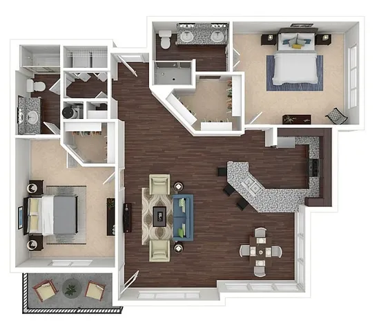 Modern apartment floor plan featuring two spacious bedrooms, two bathrooms, a stylish open-concept living area, and a sleek kitchen with a breakfast bar.