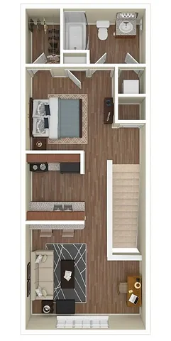 Chic apartment floor plan showcasing a cozy bedroom, stylish bathroom, and an inviting open-concept living area with modern kitchen and workspace.