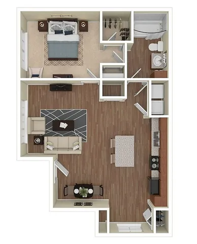 Contemporary 3D floor plan showcasing a spacious single-bedroom apartment with an open-concept living room, elegant kitchen, and modern bathroom.